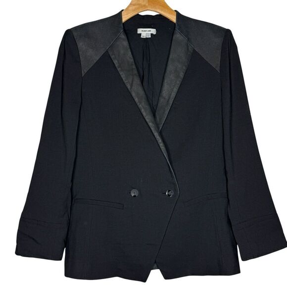 Helmut Lang Black Wool & Leather Blazer with Ruched Sleeves Women’s Sz 4 - Picture 1 of 5